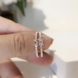 Sterling Silver Plated 14K Gold European and American Simple Niche Design Square Zircon Diamond-Embedded Super Flash Rings