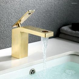 Bathroom Sink Faucets Basin Faucet Brushed Gold Brass Single Handle Hole Mixer Tap Deck Mounted Waterfall And Cold