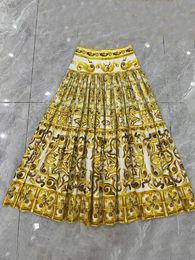 High Street Women Skirt 100% Cotton Yellow Porcelain Flower Printing Half Dress Party Holiday Expansion Lady