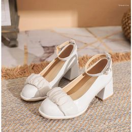 Dress Shoes Summer 2024 Straight Button Lace Up Shallow Mouth Fairy Style Solid High Heel Women's Leather Round Toe