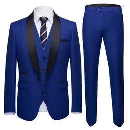 Men's Suits Blue Smart Casual Elegant Men Suit Shawl Lapel Business Slim Fit Blazers Hombre High Quality Custom 3 Piece Set Costume Homme
