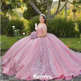 Pink Quinceanera Dresses Ball Gown Off The Shoulder Appliques Beaded Mexican Sweet 16 Dresses 15 Anos