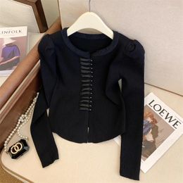 Women's Sweaters Black Bottoming Shirt Chinese Style Knitwear Autumn And Winter National Retro Buckle Puff Sleeve Top Slim Fit