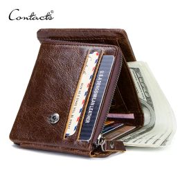 Wallets Contact's Casual Style Genuine Leather Trifold Wallet for Zipper Hasp Men Clutch Wallets with Coin Pocket for Male Short Purse