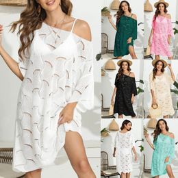 2024 Swim Cover Up Womens Crochet Beach Wear for Ladies Flounce Vocation Bikini Coverups White Summer Sun Dress Midi Dresses 240417