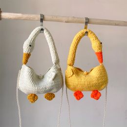 Hobos Women Crochet Tote Handbag Pearl Chain Goose Woven Bag Versatile Cartoon Crossbody Bag Handmade Daily Bag for Girls Female