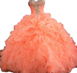 2018 Sexy Coral Ball Gown Quinceanera Dresses with Beaded Sweet 16 Dress Lace Up Floor Length vestido para debutante QC1047466506