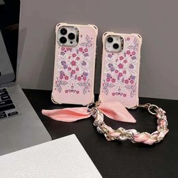 Luxury Leather Butterfly floral phone case for iphone 15promax 15pro leather print lens TPU 14 four corners anti-fall with silk scarf rope crossbody vertical body