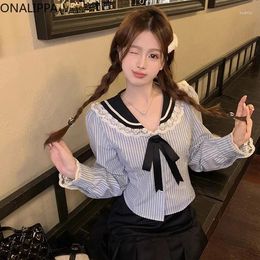 Women's Blouses Onalippa Sweet Sailor Collar Striped Shirts Contrast Single Breasted Cropped Tops Lace Wood Ear Hem Puff Long Sleeves Shirt