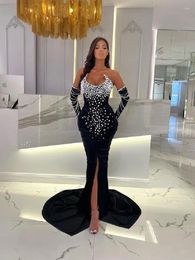 Casual Dresses Fashion Strapless Beading Velvet Dress Sexy High Slit Maxi Dress& Gloves Skinny Elegant Evening Party Club