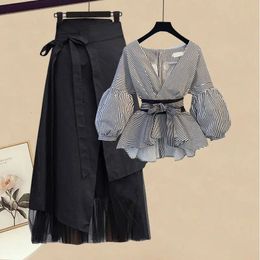 Large Size Womens Clothing Korean Spring Summer Long Sleeved T-shirt Temperament High Waist Skirt Two-piece Set 240419