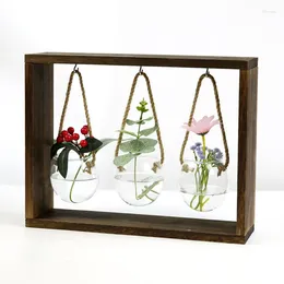 Vases Creative Wooden Frame Vase Hydroponic Plant Flower Vessel Hanging Transparent Glass Pot