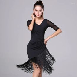 Stage Wear Latin Dance Dress Middle-Sleeve Tassel One-Piece For Women Female Ballroom Tango Cha Rumba Costumes Drop Delivery Apparel Ot6B4