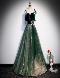 Sparkle Evening Dresses ALine Double VNeck Sleeveless Elegant Cheap Tulle Formal Party Gowns Robe De Soiree 20204803622