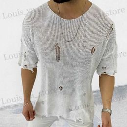 Men's T-Shirts Vintage Knitting T Shirts Men Summer Short Slve O Neck Fashion Ripped T Strtwear Mens Leisure Solid Colour Knit Jumper Tops T240419