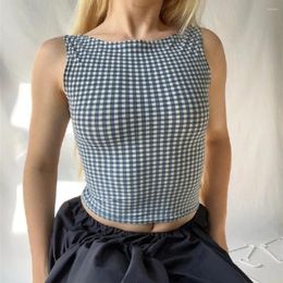 Camisoles & Tanks Dacron Chequered Bow Tank Top Sexy Blue Strap Slim Fit Vintage