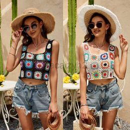 Women's T Shirt sexy Tees Summer ethnic style outer-wear hand hook exposed navel suspender short square collar contrast flower hollow-out vest Plus Size tops