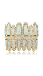 Hip Hop Iced Out Zircon Teeth Grillz Natural Opal Gem Stone Braces Real Gold Plated Tooth Grills7527016