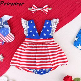 Girl Dresses Prowow 4th Of July For Girls Lace Sleeve V-Neck Blue Star Striped Red Romper Party Bodysuit Baby Clothes
