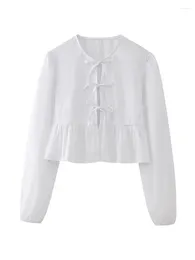 Women's Blouses Elegant Bow Lace Up Spring Summer Ladies Black Cute Tops Womens O-Neck Long Puff Sleeve Fashion White Short Open Stitch