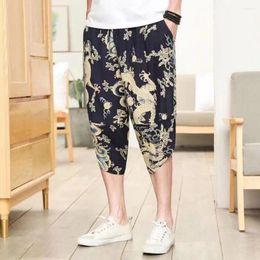 Men's Pants Men Casual Cropped Elastic Waist Chinese Style Retro Print Trousers With Side Pockets For Daily