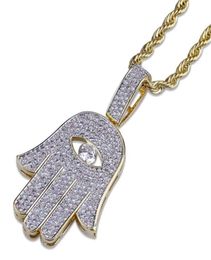 Hip Hop Microinlaid Zircon Pierced Eye Fatima Hand Pendant Necklace Gold Chain Men Women Jewellery Gifts 102 U230765340006