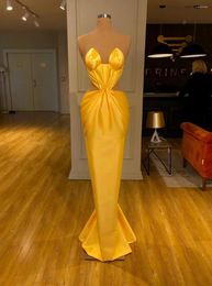 Party Dresses Simple Yellow Sweetheart Sleeveless Evening Dress Off Shoulder Pleated Layered Floor Length Mermaid Vestido De Gala