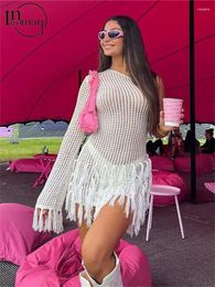 Casual Dresses Inwoman Spring Sexy One Shoulder Mini Dress Beach Outfits For Women 2024 White Hollow Out Knitted Short Tassel