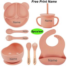 8Pcs Baby Feeding Set Silicone Sucker Bowl Plate Kid Bear Dishes Personalized Name Childrens Bowl Plate Cup Spoon Tableware Set 240409