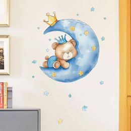 Moon stars sleeping bear children's room stickers living room bedroom decoration self-adhesive wall stickers.