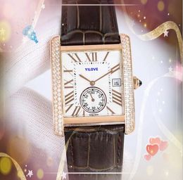 Shiny Starry Men's Chronograph Watch Day Date Two Line Diamonds Ring Clock Quartz Movement Square Roman Tank Hip Hop Rose Gold Silver Cow Leather Wristwatch Gifts