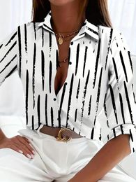 Women's Blouses Fashion Striped Printed Office Shirt Fall Lapel Long Sleeve Single Breasted Top Elegant Pocket Camisas De Mujer 2024