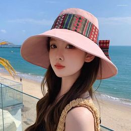 Berets Panamanian Women's Summer Ethnic Style Big Brimmed Hat For Sun Protection Beach Fisherman Bucket Fashionable Bow Cap H234