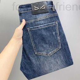 Men's Jeans designer Little Monster Light Luxury European Goods Blue 3D Printed Wash Versatile Elastic Slim Fit Small Straight Legged Pants 25NN