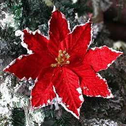 Decorative Flowers Glitter Christmas Red For Xmas Tree Ornaments Artificial Floral Wreath Decorations Home Year Decor Craft Accessories