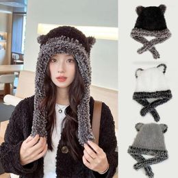 Berets Bear Ears Plush Bucket Hat Japanese Autumn Winter Ear Protection Warm Head Wrap Soft Cold Women Female