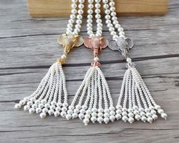 Elephant head charm Pendant CZ zircon Micro pave ConnectorNatural Shell Pearl Beads Chain tassels Women Jewellery Necklace NK5368818345