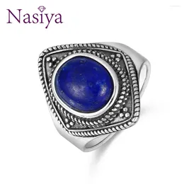 Cluster Rings Nasiya Vintage 8x10MM Natural Oval Lapis Silver Color Fine Jewelry For Women Anniversary Party Stone Gift