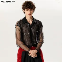 Men's Casual Shirts INCERUN Men Shirt Sequins Mesh Patchwork Lapel Long Sleeve Sexy Clothing Transparent 2024 Streetwear Fashion Camisas