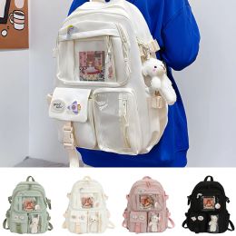 Bags Kawaii School Backpack Nylon Women's Backpack Cute Laptop Knapsack with Giveaways Bear Plush and Pins Accessories for Teen Girls