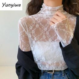 Women's Blouses Blouse Women Sexy Black White Long Sleeve Hook Flower Hollow Lace Elegant Turtleneck Trendy Basic Vintage All-match Summer