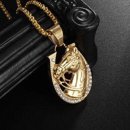 Hip Hop Ice Out Golden Horse Head Pendant Horseshoe Necklace for Men Personality Charm Fashion Rock Party Jewellery 240323