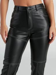 Women's Pants Women High Waist Matte Splicing Faux Leather With Pocket Vintage PU Casual Stretch Bodycon Pencil Trousers Custom Clubwear