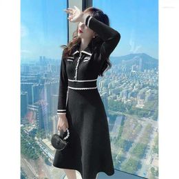 Casual Dresses 2024 Autumn/Winter Women's Slim Fit Knitted Elegant Woolen Dress Black Slimming Matching Coat Long Sleeve Bottom Skirt