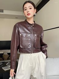 Women's Leather Stand Collar Genuine Motorcycle Jacket Women 2024 Trend High-end Simple Solid Short Real Sheepskin Coat