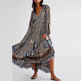 Casual Dresses Women Clothing Bohemian Maxi Dress Sexy Deep V Lace Up Pleated Holiday Vintage Floral Print Long Sleeved Vestidos