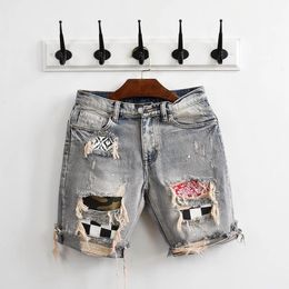 Summer denim shorts mens personality beggar patch hole patch slimming fashion label versatile Korean version trendy 240412