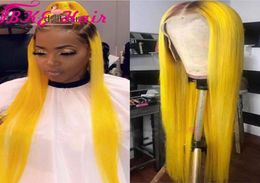 Ombre Yellow with brown Roots Lace Front Synthetic Wigs Pre Plucked Long Straight Wigs with Baby Hair for women6365082