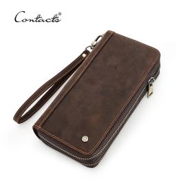 Wallets Contacts Genuine Leather Wallet Men Long Card Holder Men's Wallet Clutch Large Capacity Vintage Male Purse Double Zipper