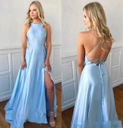 Light Blue Prom Dresses 2024 Sexy Criss Cross Backless Satin Sweep Train Side Slit Custom Made Evening Party Gown Formal Occasion Wear